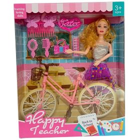   Happy Teacher biciklis tanárnő baba szett – 29 cm baba, kerékpár, kiegészítők (Új, 3+)