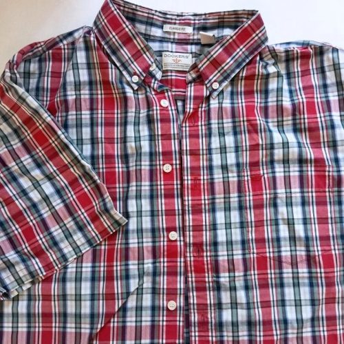 Docker’s férfi kockás rövid ujjú ing – piros-zöld-fehér, XL