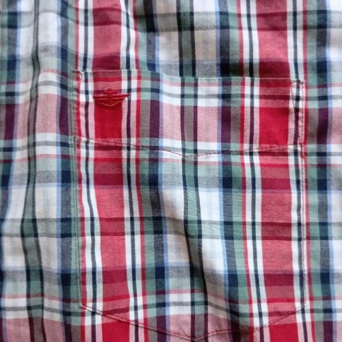 Docker’s férfi kockás rövid ujjú ing – piros-zöld-fehér, XL