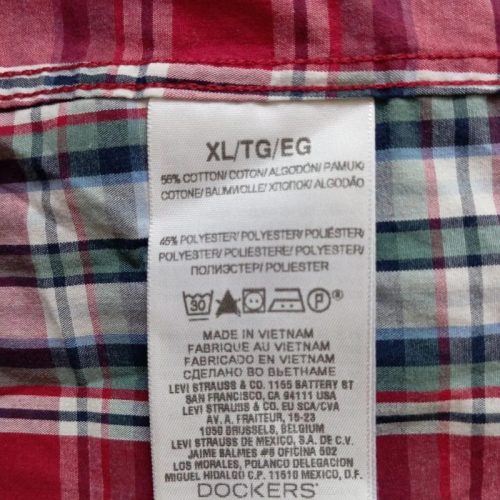 Docker’s férfi kockás rövid ujjú ing – piros-zöld-fehér, XL