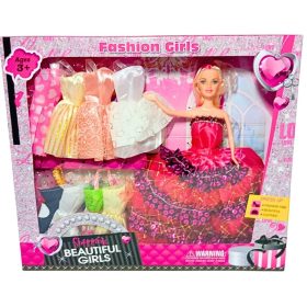   Fashion Girls – 28 cm-es Baba + 10 db Gyönyörű Ruha Szett (32×33×5 cm) – Új, Bontatlan, Kreatív Játék