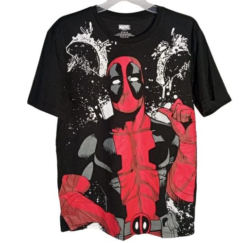 Marvel Deadpool Férfi Póló – Fekete-Piros Szuperhős Minta, M Méret