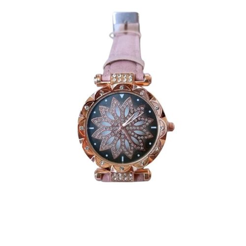 Csillogó rózsaarany női karóra kristályos számlappal – lazac színű szíjjal