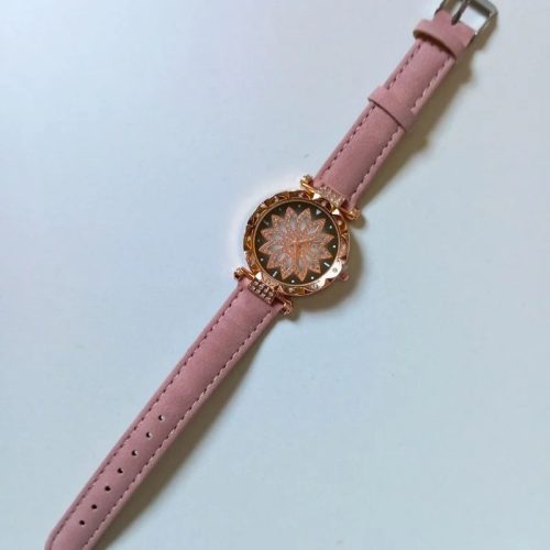 Csillogó rózsaarany női karóra kristályos számlappal – lazac színű szíjjal