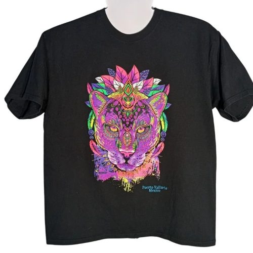 Színes Puerto Vallarta oroszlánfejes unisex T-shirt– fekete, 100% pamut