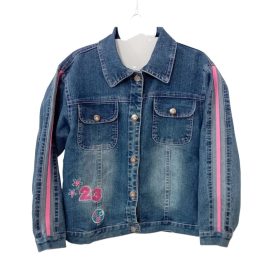   Kislány farmerdzseki rózsaszín csíkos ujjrésszel – 128-134-es, hímzett mintával