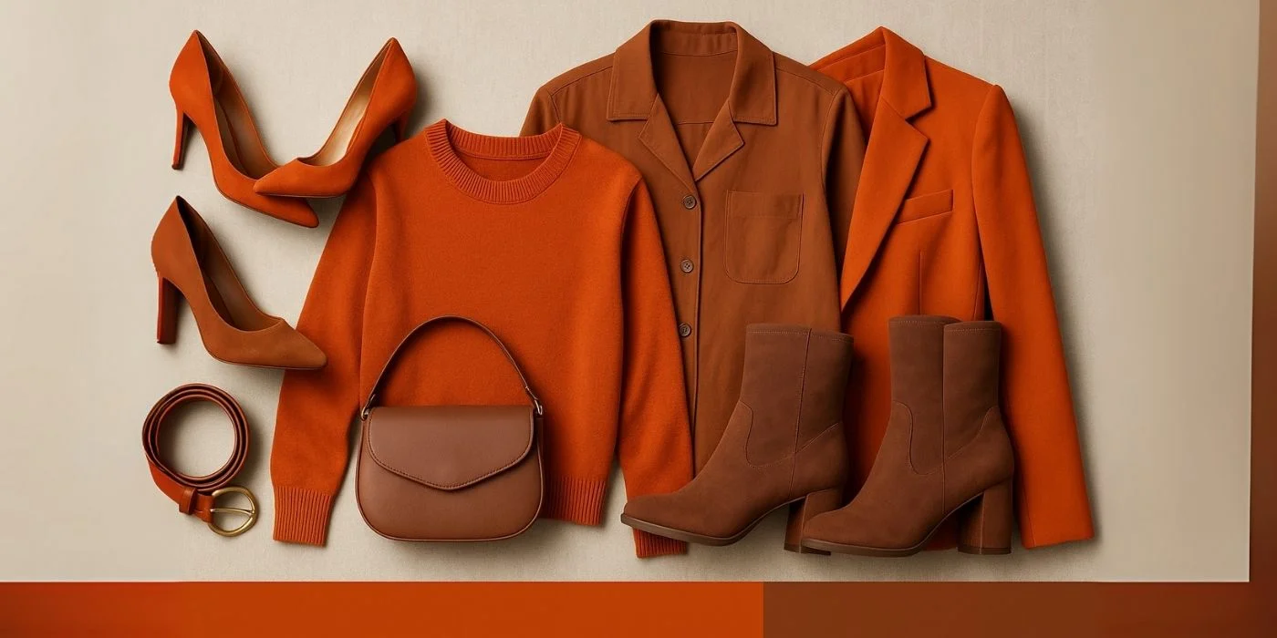 őszi divat 2025, narancs, bordó, barna
